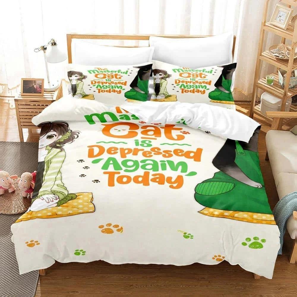 3D Kawai The Masterful Cat Is Depressed Again Today Bedding Set Cartoon Anime Three-piece Set Adult Kid Bedroom Duvet Cover Sets