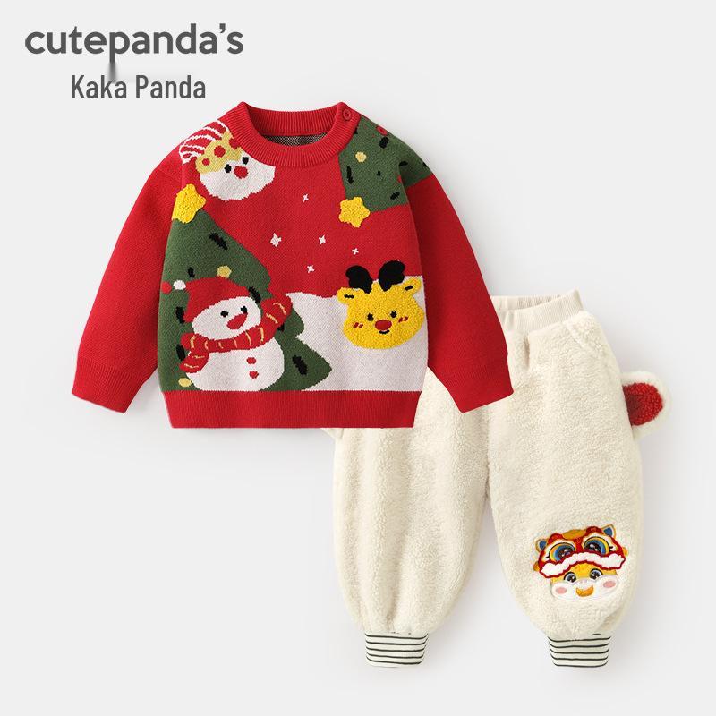 Kaka Panda Boys  Christmas Set: Round Neck Sweater & Velvet Pants - Winter Infant Outfit 110cm