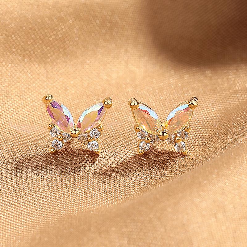 

Stud Earrings Female Color Zircon Butterfly Earrings Little Fairy Temperament Trend Foreign Gas Earrings 925 silver золотой