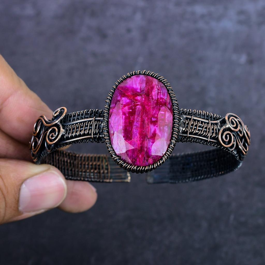 Red Jade Gemstone Handmade Copper Wire Wrap Cuff Bangle Adjustable ET-4975