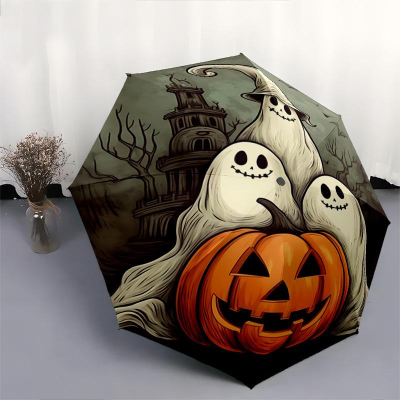 1pc Ghost With Pumpkin Drawing Pattern Automatic 3-Fold Umbrella, 8 Iron Frames, High-Value Folding Umbrella, Suitable for Office, Travel an