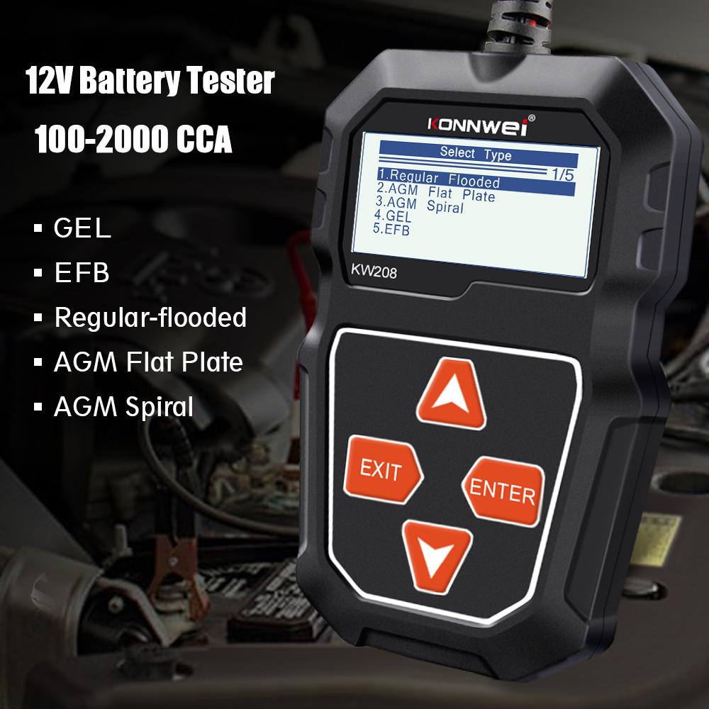 KONNWEI KW208 Battery Tester 12V Automotive Battery Charger Inspection Tools 100 to 2000CCA Cranking Charging Circut Analyzer