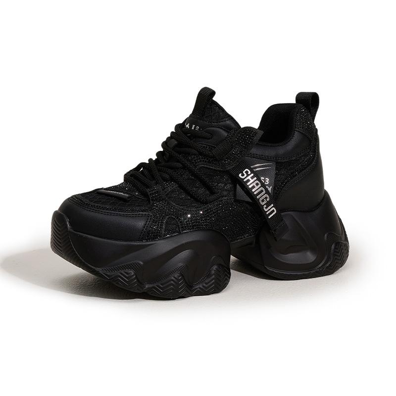 Daddy Shoes Girl 2025 Autumn New Horseshoe Heel Mesh Breathable Rhinestone Platform Shoes Inner Height Increasing Casual Sneakers