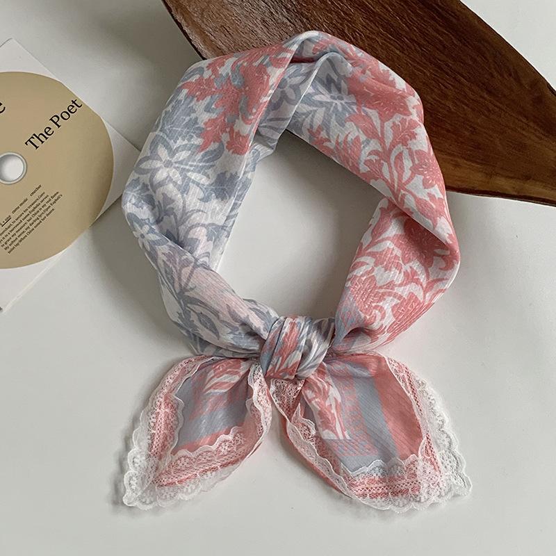 Silk scarf neck small square scarf new multi-color versatile headscarf summer women's pastoral lace headband hair accessories decorative small scarf