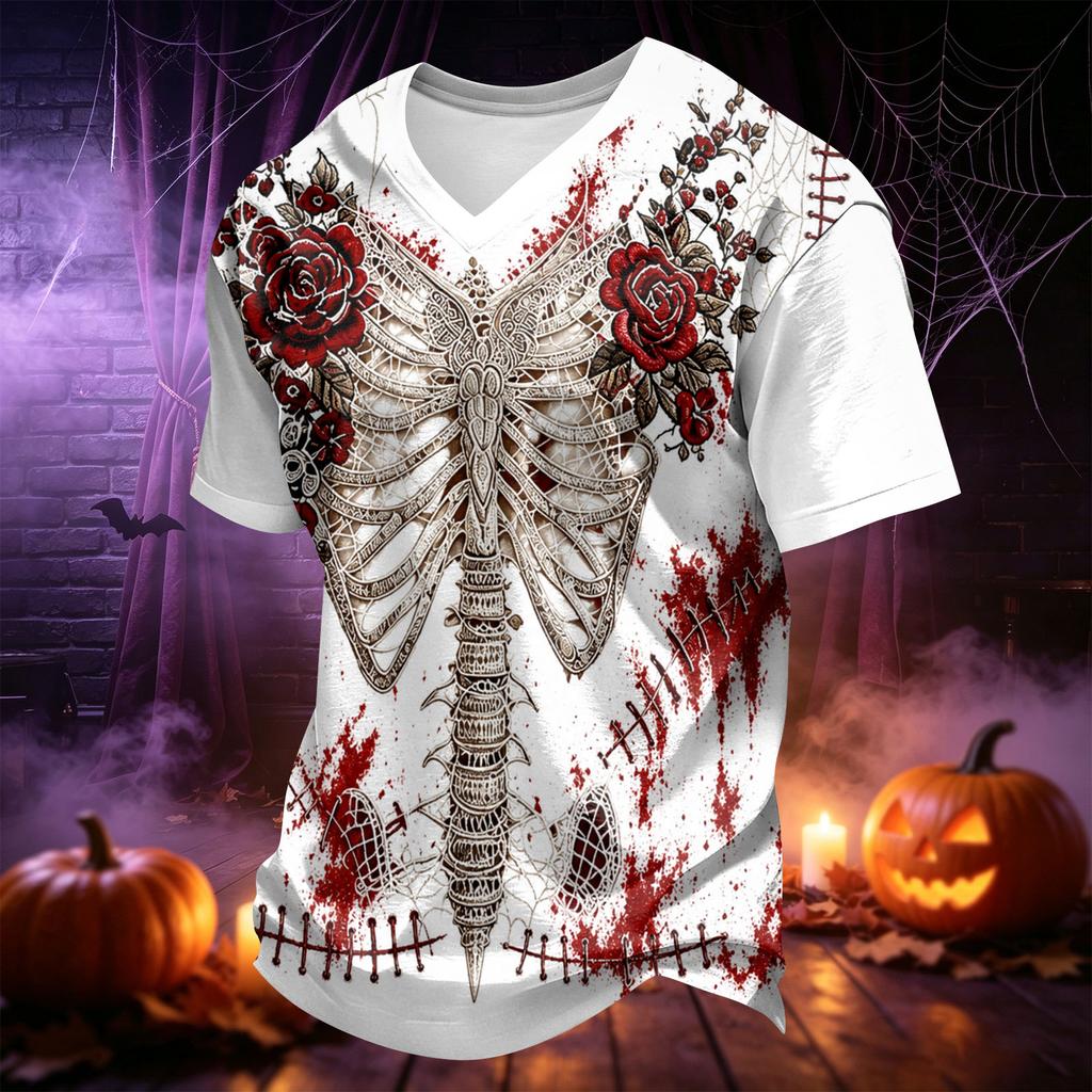 Men's V-Neck Halloween Print Casual T-Shirt for Holiday Party and Everyday Wear