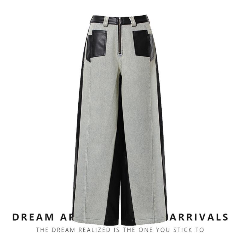 Women's Retro Washed Straight-Leg Jeans with Leather Splice, Contrasting Colors - 2025 Spring Street Style.