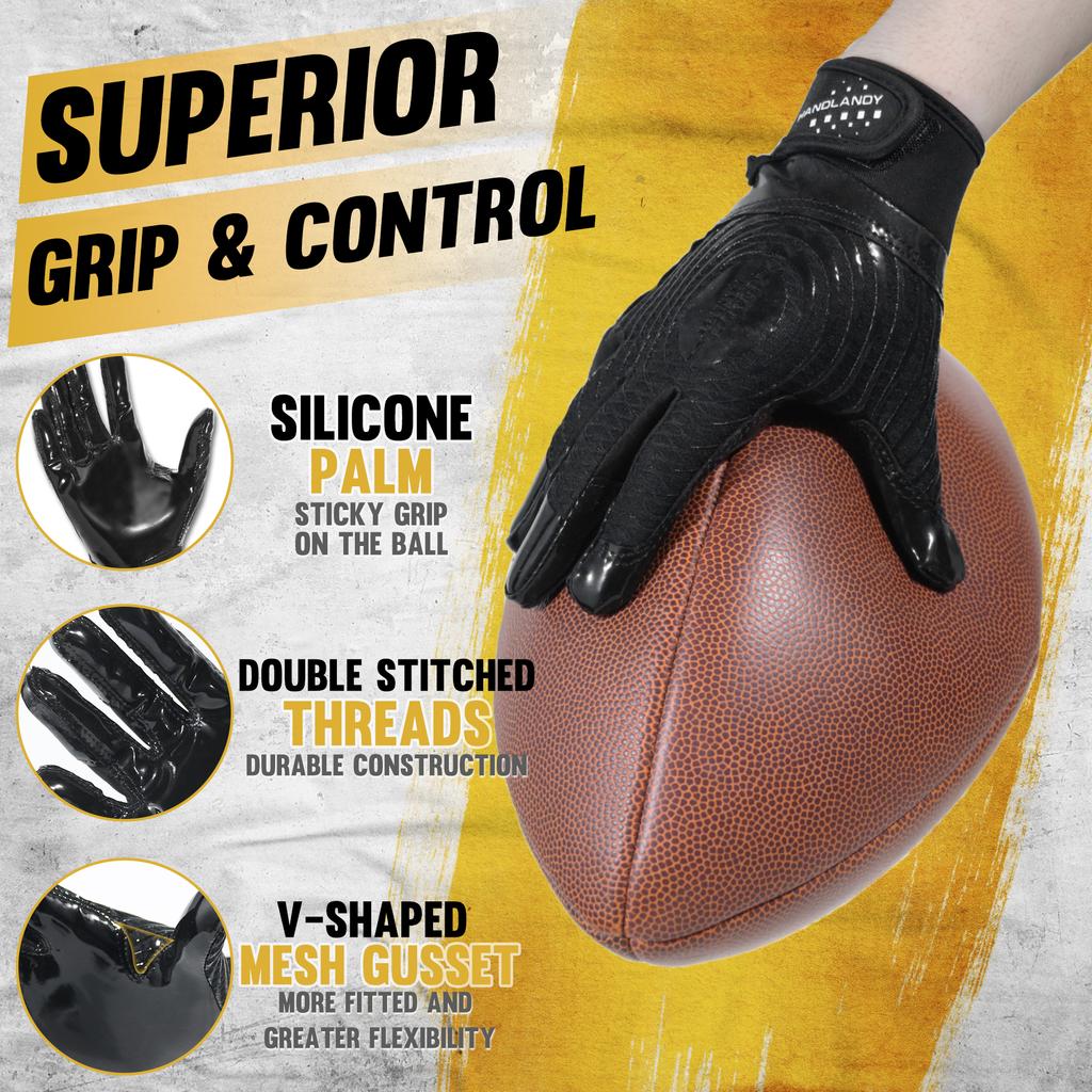 HANDLANDY Kids football gloves, new material high viscosity, comfortable, soft and durable, pure black American football gloves