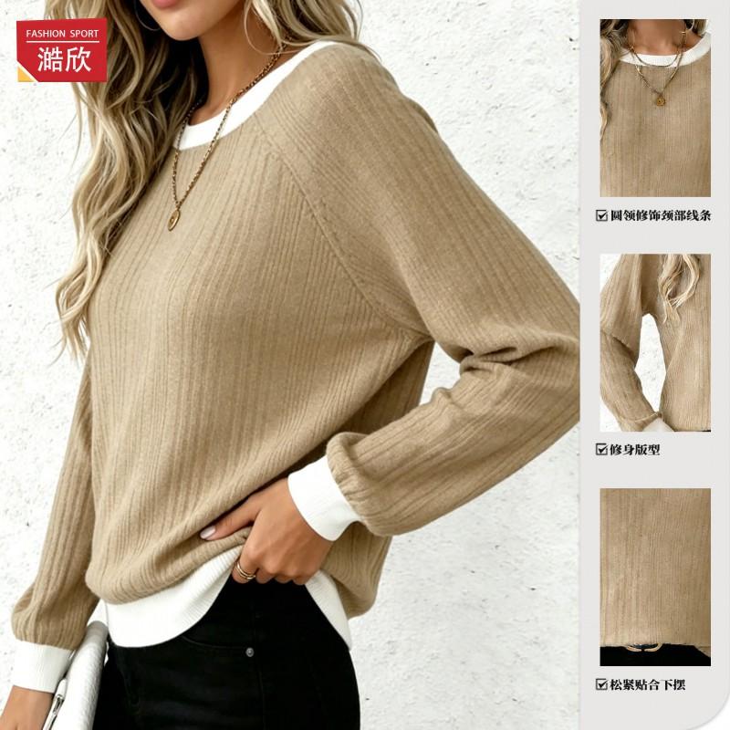 Womens Knit Sweater Round Neck Loose Fit Long Sleeve Pullover Slim Solid Color Fall Winter Top