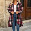 Women's Long Sleeve Zip-Up Hooded Plaid Colorblock Long Coat, Loose Fit