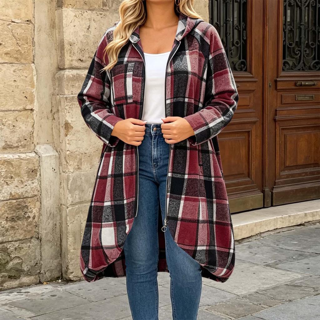 Women's Long Sleeve Zip-Up Hooded Plaid Colorblock Long Coat, Loose Fit