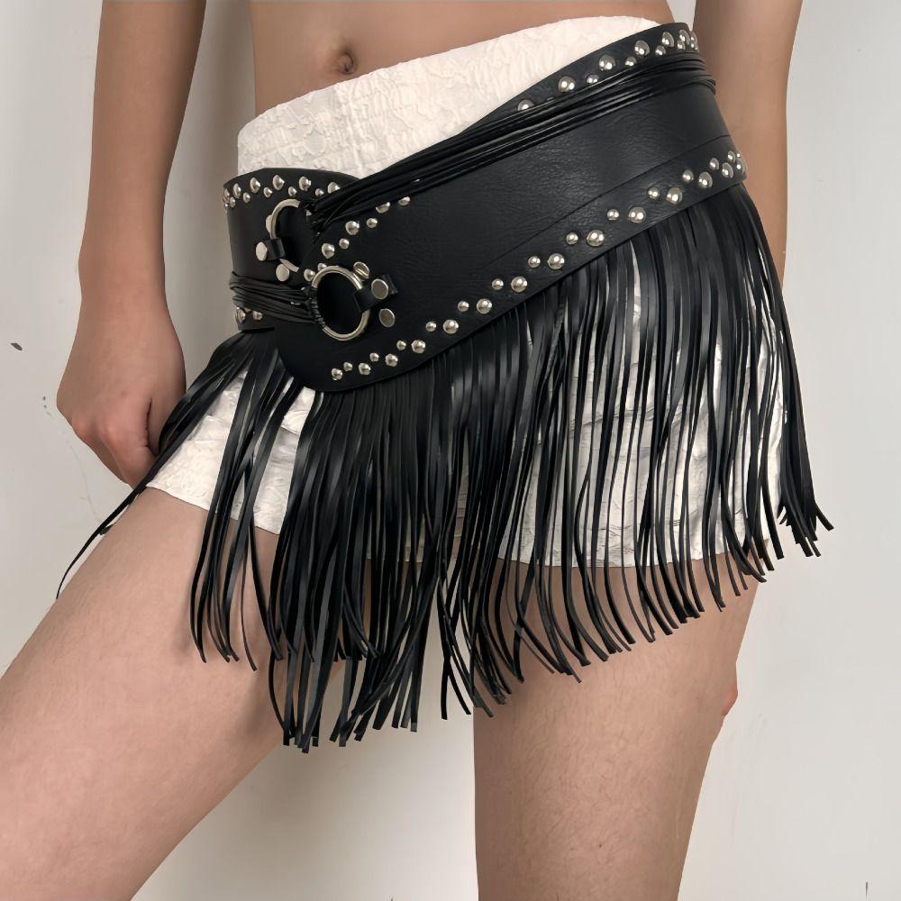 Punk Style Skirt Decoration Spicy Girl Pu Tassel Waistbands Simple Rrivet Belt  Daily