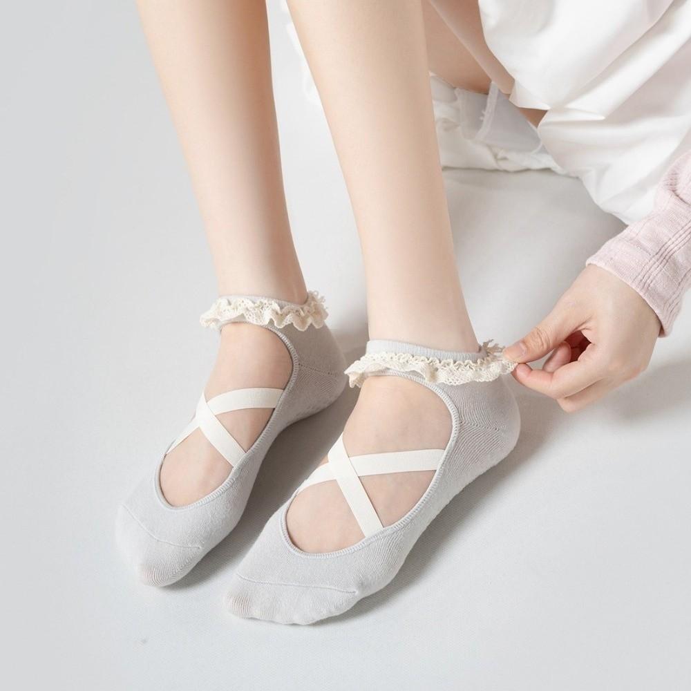 Lace Trim Bias-cut Ankle Socks Cross Strap Pilates Socks New Grip Socks  Pilates Training
