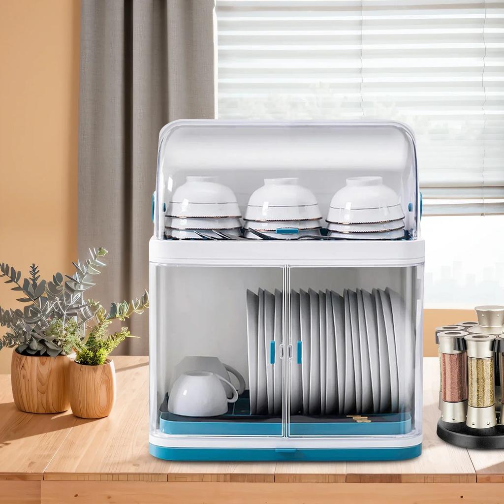 Bymaocar 2-layer Dish Drying Rack Kitchen Drainage Storage Rack, Cutlery Drainer PP Plastic with Detachable Drip Tray Dust-proof