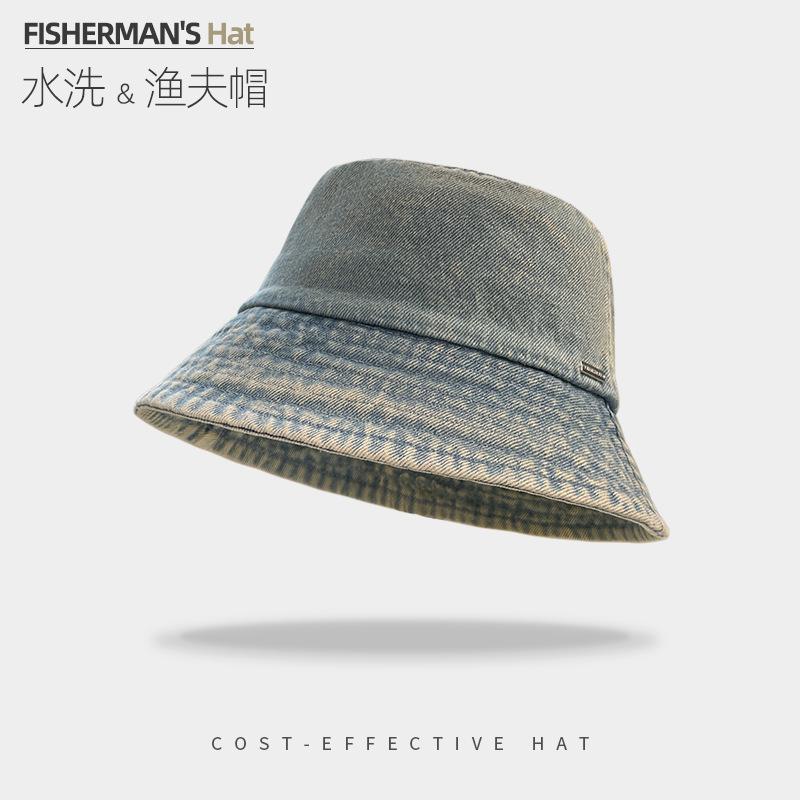 Japanese Tie-Dye Contrasting Color Washed Denim Fisherman Hat Children'S Spring And Summer Retro Basin Hat Outdoor Sunscreen Visor
