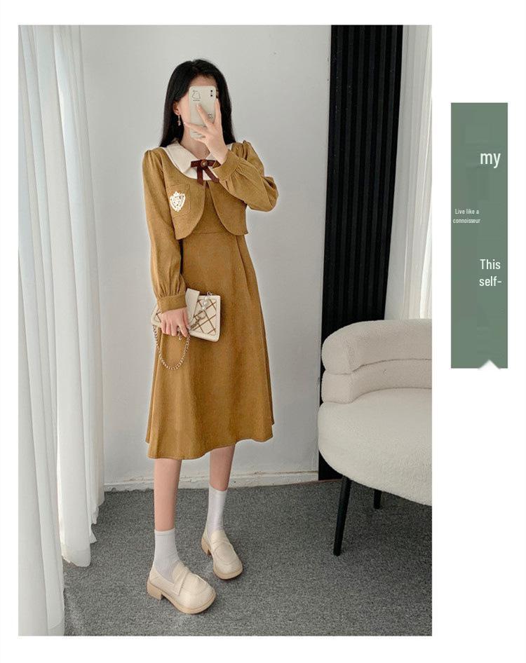 Butterfly Brooch Corduroy Dress: Women's Faux Two-Piece A-Line in French Academy Style for Autumn/Winter