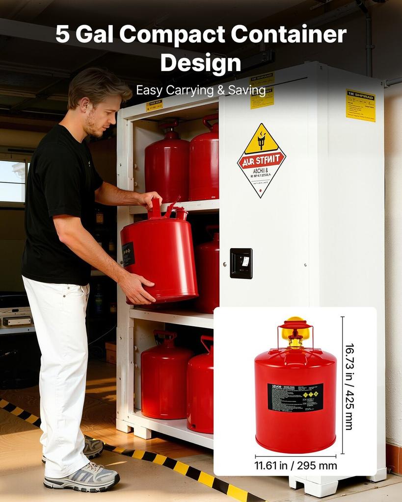 Safety Gas Can, 19 L Type I Red Safety Can for Gasoline with Stainless Steel Flame Arrester, Self-Closing Lid, and PE Funnel, Carbon Steel Flammable