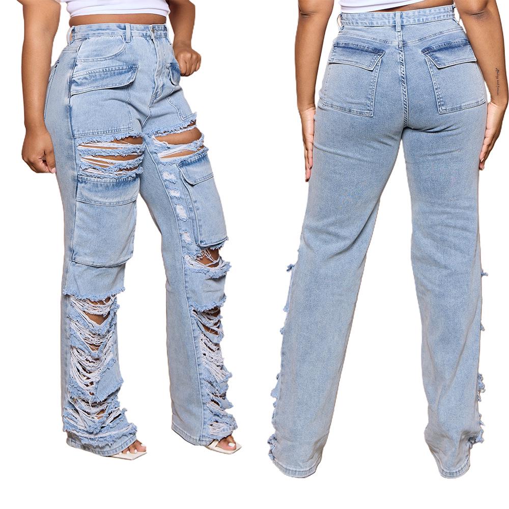 Women s Summer High Waist Wide Leg Ripped Jeans S синий