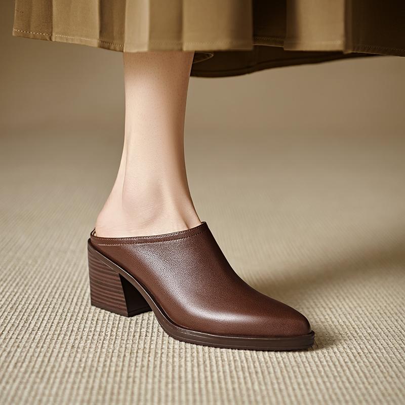Fashion 2025 New Spring Summer Genuine Leather Mules High Heels Women Shoes Pointed Toe Women Pumps Fashion Shoes for Women Ladies Shoes
