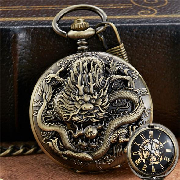 Luxury Golden Dragon Mechanical Fob Clock Phoenix Hollow Sculpture Mechanical Skeleton Pocket Watches Men Chain Wedding Gifts