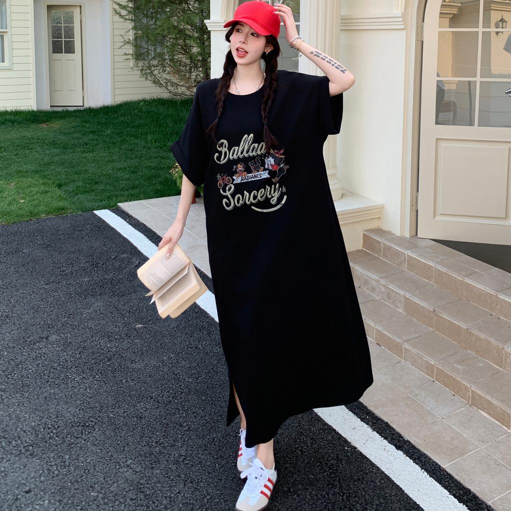 DIMANAF Women 2025 Plus Size Solid Dress Summer Vintage Dress Basic O-Neck Long Casual Loose Black Dress Maxi