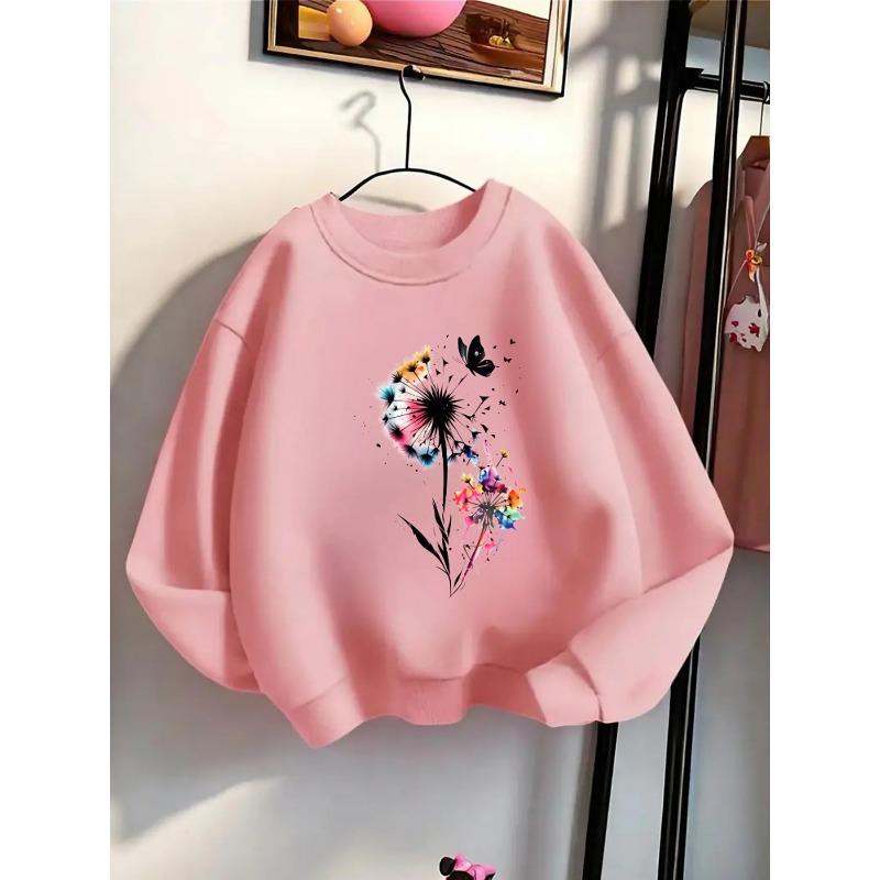 Kids Girls Crewneck Sweatshirt, Watercolor Rainbow Dandelion And Black Butterfly Print Soft Fleece Pullover