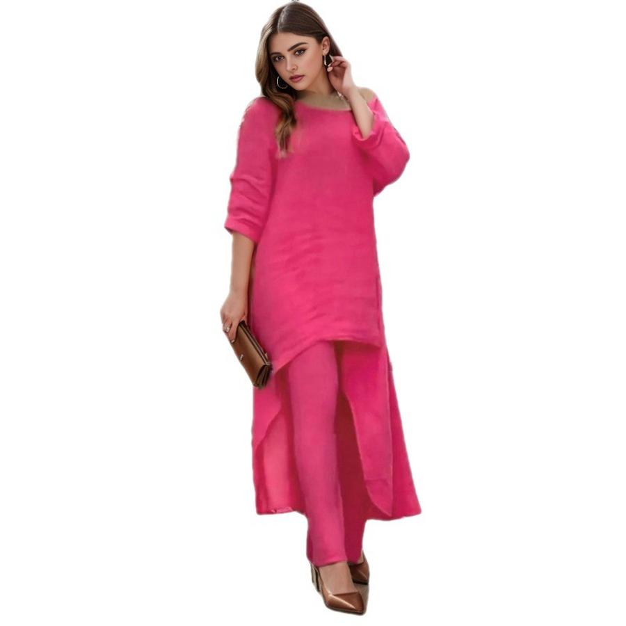 New Women's Cotton Linen Fashion Casual Plus Size Irregular Long Sleeve Set Wide Leg Pants Two Piece Outfit