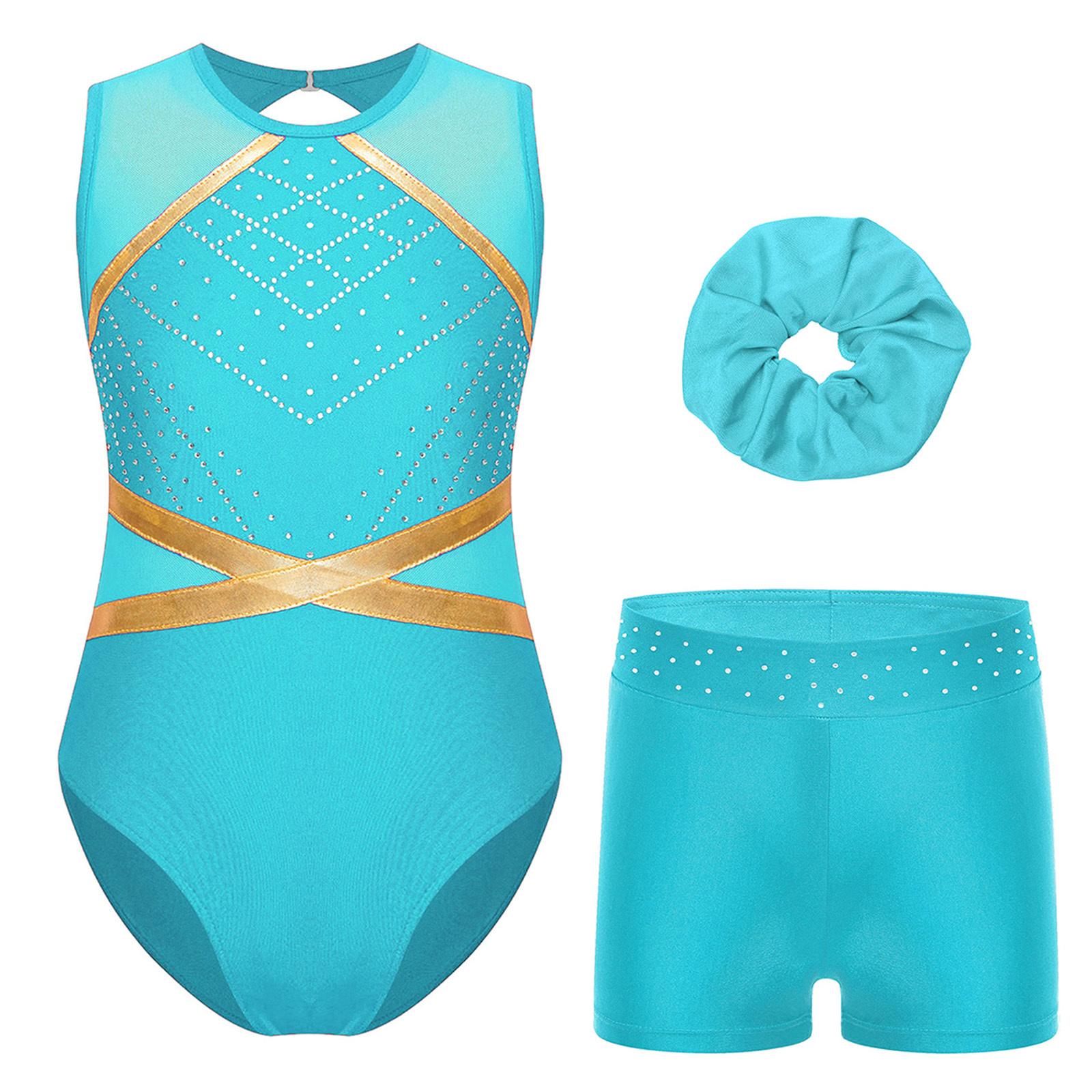 

Детский гимнастический купальник для балета без рукавов с вырезом-капелькой на спине, танцевальный боди с шортами, головной убор для фигурного катания, танцевального выступления 7-8 Years