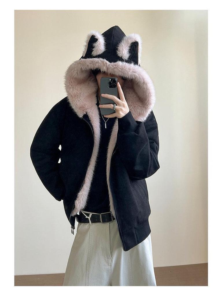 American Eagle Cat Ear Suede Fur Collar Jacket - Autumn/Winter Plus Velvet Short Outerwear