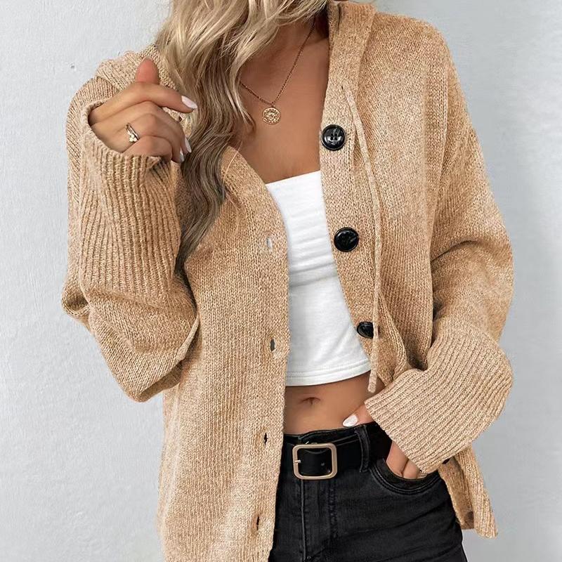 IHUASU Autumn and Winter Drawstring Knit Cardigan Jacket Women's Solid Colour Hooded Single-breasted Jumper