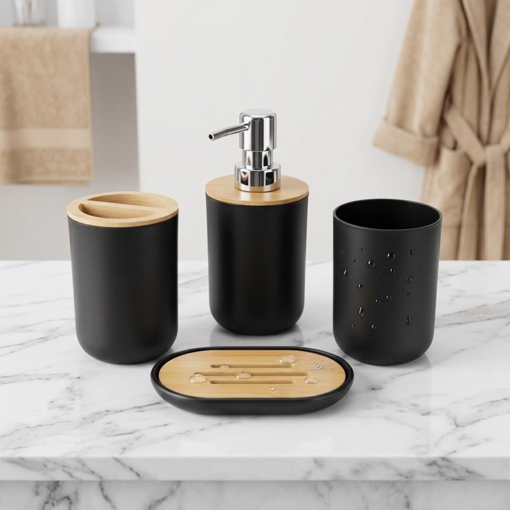 4-Piece Bathroom Accessory Set Plastic Bamboo Bathroom Supplies Set  Washroom Bathroom Counter