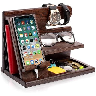 NOELAMOUR Smartphone Stand, Wooden Desk Organizer, Stylish Storage for Phones, Gadgets, and Small Items (Dark Brown with a Black Walnut Look)