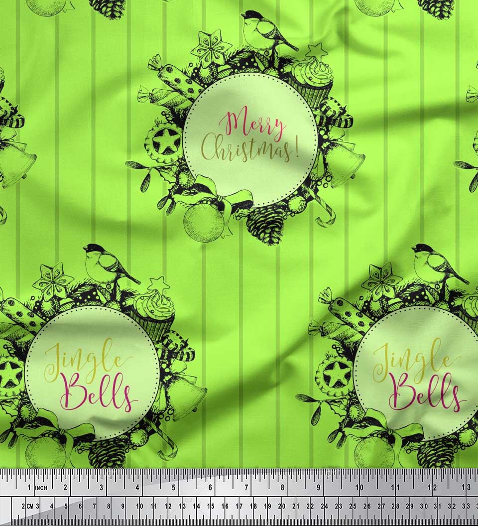 

Soimoi Blue Japan Crepe Satin Тканина в смужку, цукерки та фенечки Різдвяний принт Тканина на метр 42 дюйма 42 Inch Wide - Poly Crepe зелений