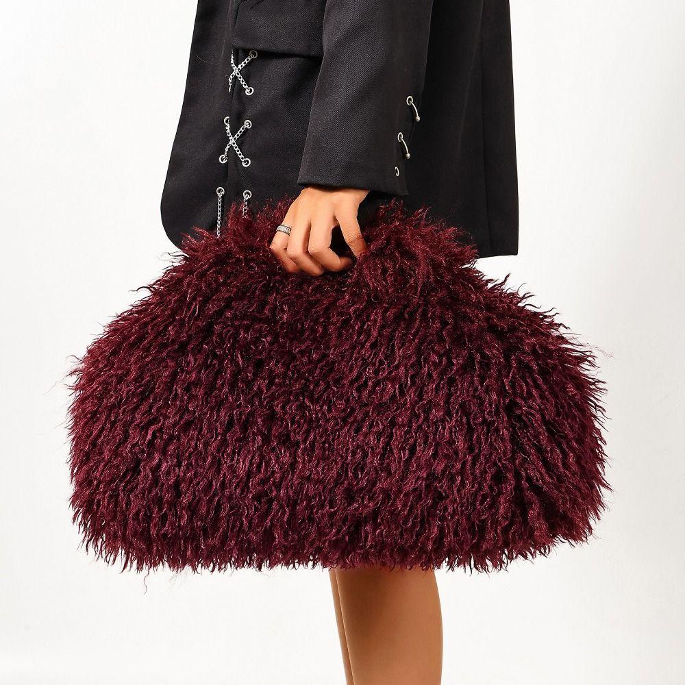 Portable Kiss Lock Clutch Bag Spicy Girl Fluffy Bag Retro Evening Bag Mobile Phone Bag