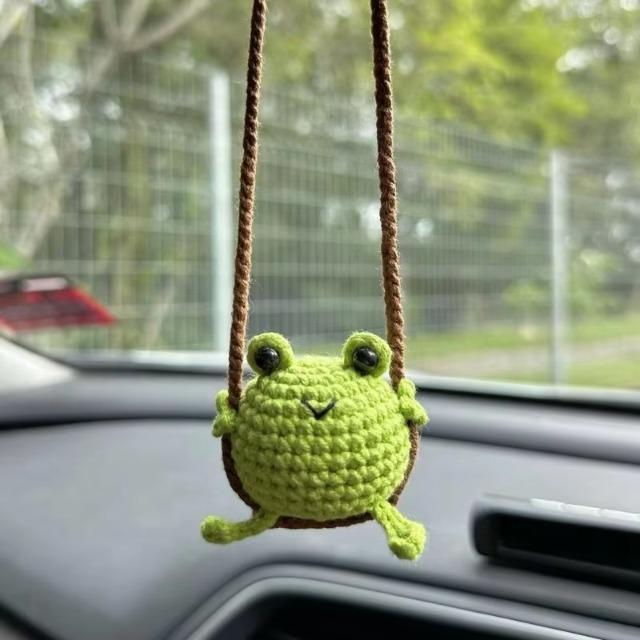 Handmade Crochet Animal Car Charms - Soft Yarn Crafted Frog Penguin Chick Pendants Cute Rearview Mirror Decorations for Vehicle
