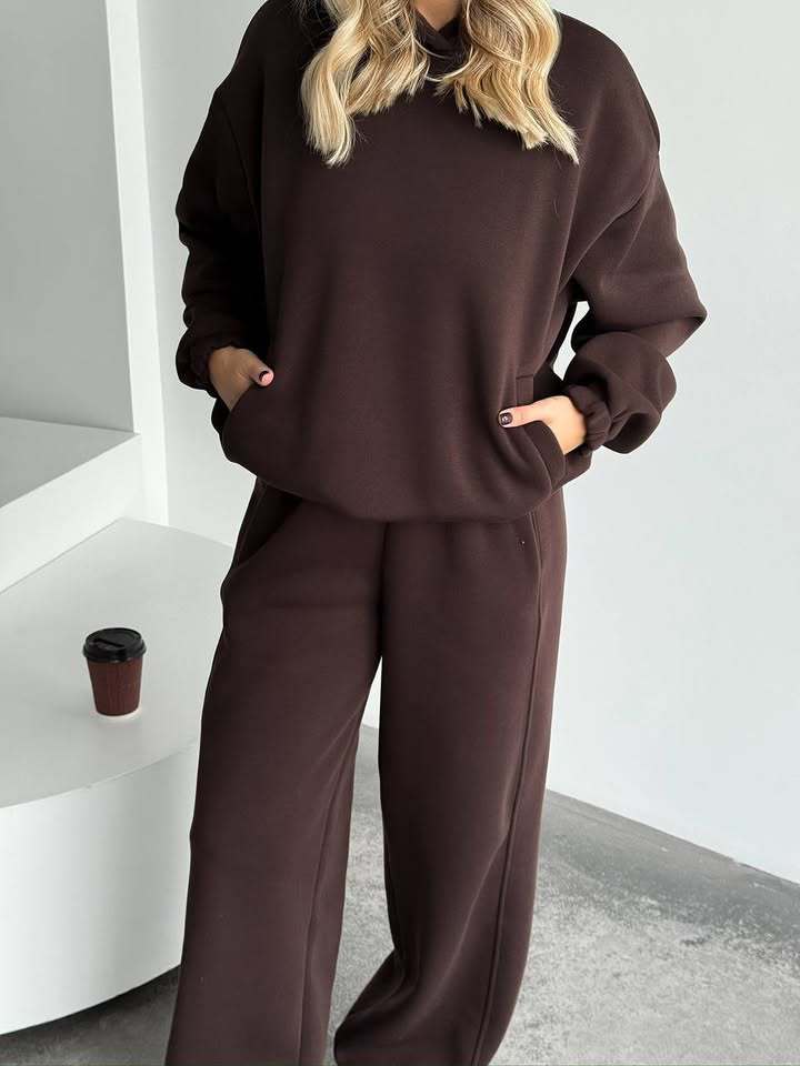 Europäisches und amerikanisches lässiges einfarbiges Set für Damen, lockerer Kapuzenpullover mit langen Ärmeln, Tasche, elastische Weitbein-Hose, zweiteiliges Set