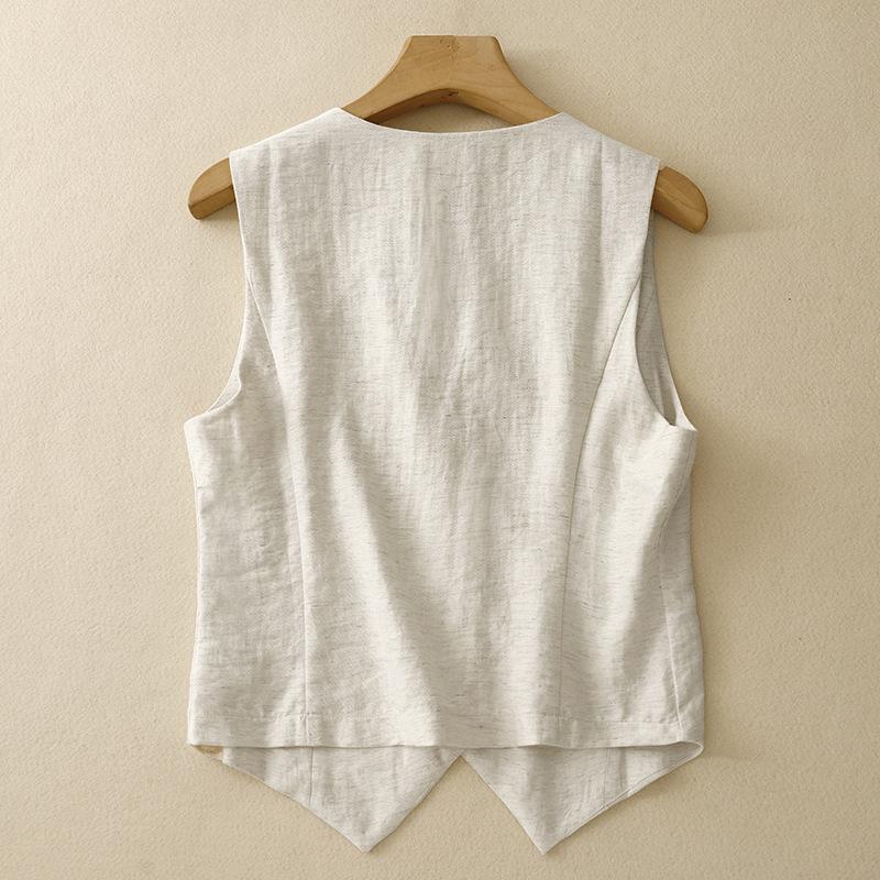 Women's Summer Black Beige Linen Vest V-neck Button Sleeveless Cardigan Tops Elegant Short Jacket Waistcoat