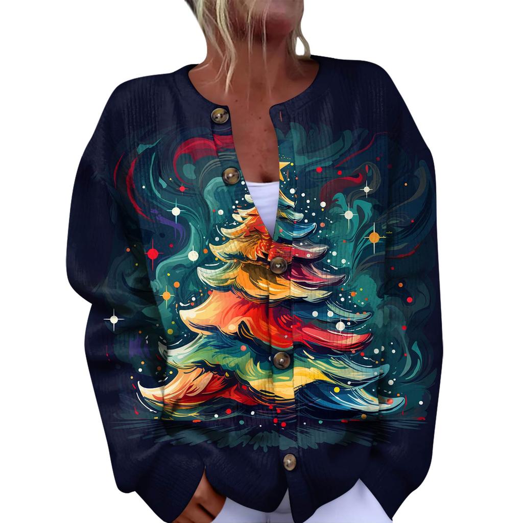 Women's Fashion Christmas Printed Long Sleeve Knitted Cardigan Button Down Jacket