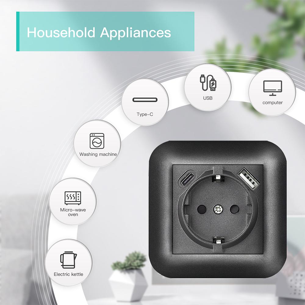 EIOMR EU Standard Power Socket with Iron Claw Black Flame Retardant PC Panel 110-250V Wall Socket 16A Suitable for Round Box
