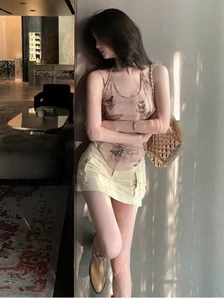 

Harajuku Summer Sweet Vintage Print Tank Top Y2k Aesthetic Sexy Slim Fit Tanks Women Streetwear Irregular Camizoles XS сірий