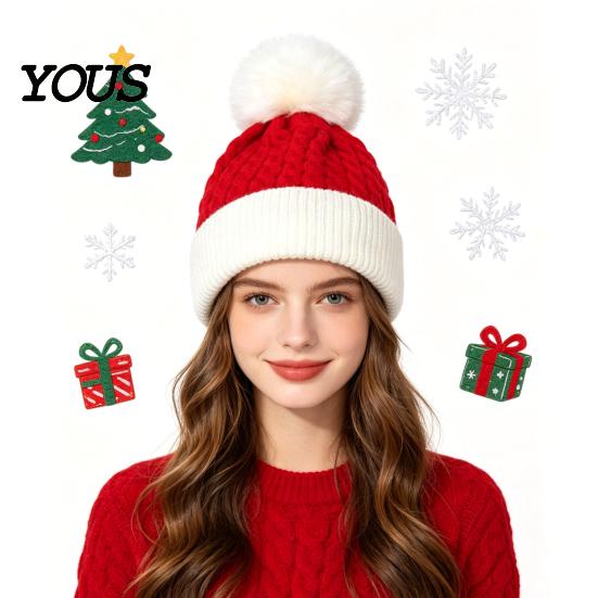 Casual Winter Accessories for Women Christmas Elf Hat, Cozy Knit Hat with Pom Soft Elastic Ribbed Pom, Stretchy Warm Skull Cap Outdoor Cold