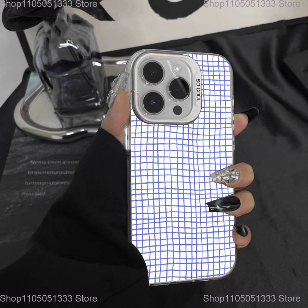 Ins Korean Blue Striped Grid Phone Case For iPhone 17,16,15,14,13,12,Pro,XS,Max,Plus,Mini,SE White Candy Matte Shockproof Cover