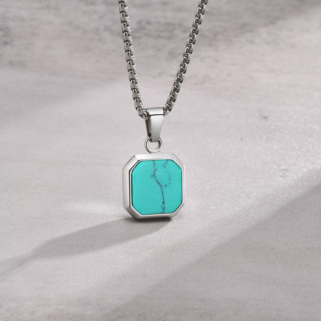 Stainless Steel Rectangle Natural Stone Pendant Necklaces, Minimalist Dainty Chain Necklace, Luxury Fashion Jewelry For Men Gift