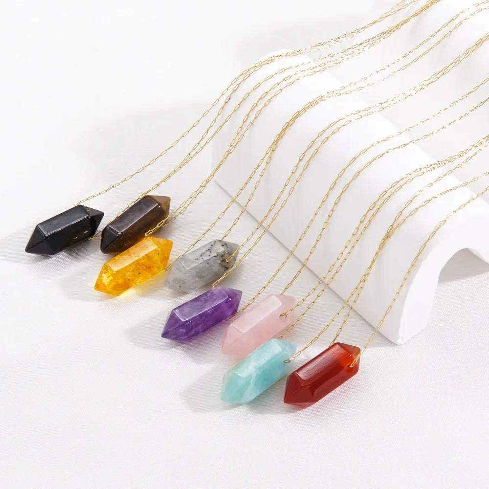 Natural Stone Hexagon Column Charm Necklace for Women Men Adjustable Chain Necklace Rose Quartzs Amethysts Necklace Jewelry Gift