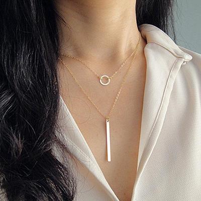 Fashion Multi-Layer Tassel Necklace with Metal Circle and Strip Design