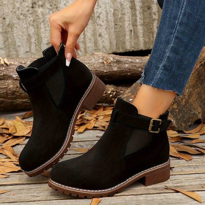 Women's Boots for Autumn and Winter, Elastic Belt Buckle Round Toe Square Heel Midsole Boots for Women, Solid Color Versatile