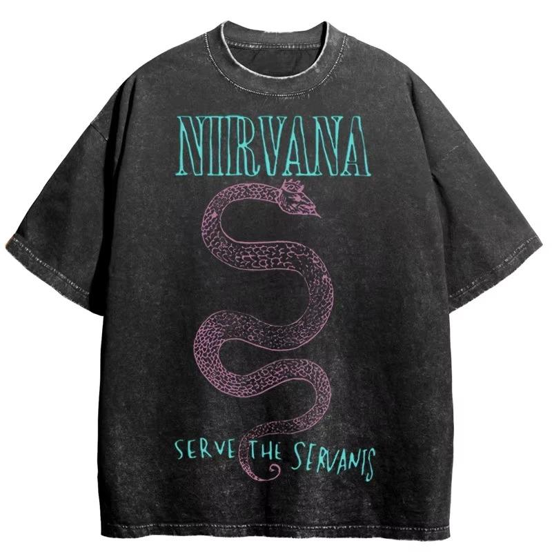 Nirvana Rock Band Men's Retro Cotton Washed Tee In Utero Album Man Women's Oversized Y2K Distress Tshirt Casual Loose Streetwear