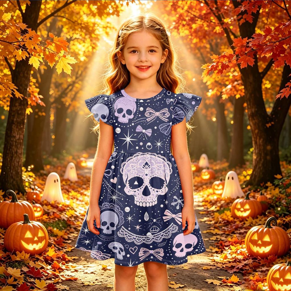 Kids Halloween Printed Dress with Sleeve Casual Party Dress for Girls