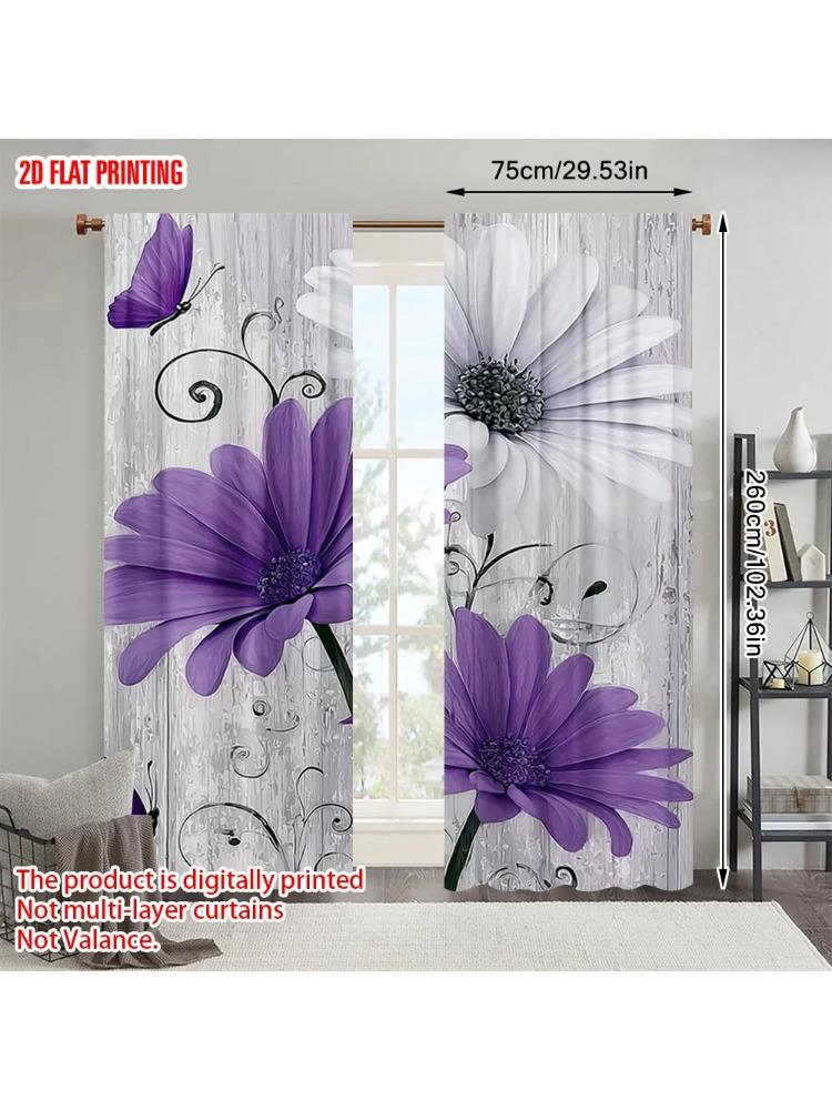 

Set Of 2 Plane Printing Curtains Window Treatment Purple Flower Butterfly Polyester Without Rod All Seasons Use Home Curtain W100*H70(CM)-Rod Pocket&2PCS