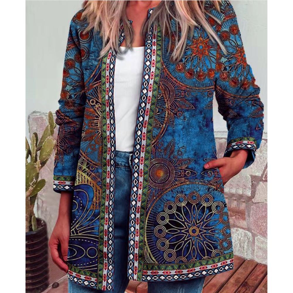 GMXIA Autumn and Winter Vintage Ethnic Style Printed Long Sleeve Hoodie Outside Cardigan Coat for Women