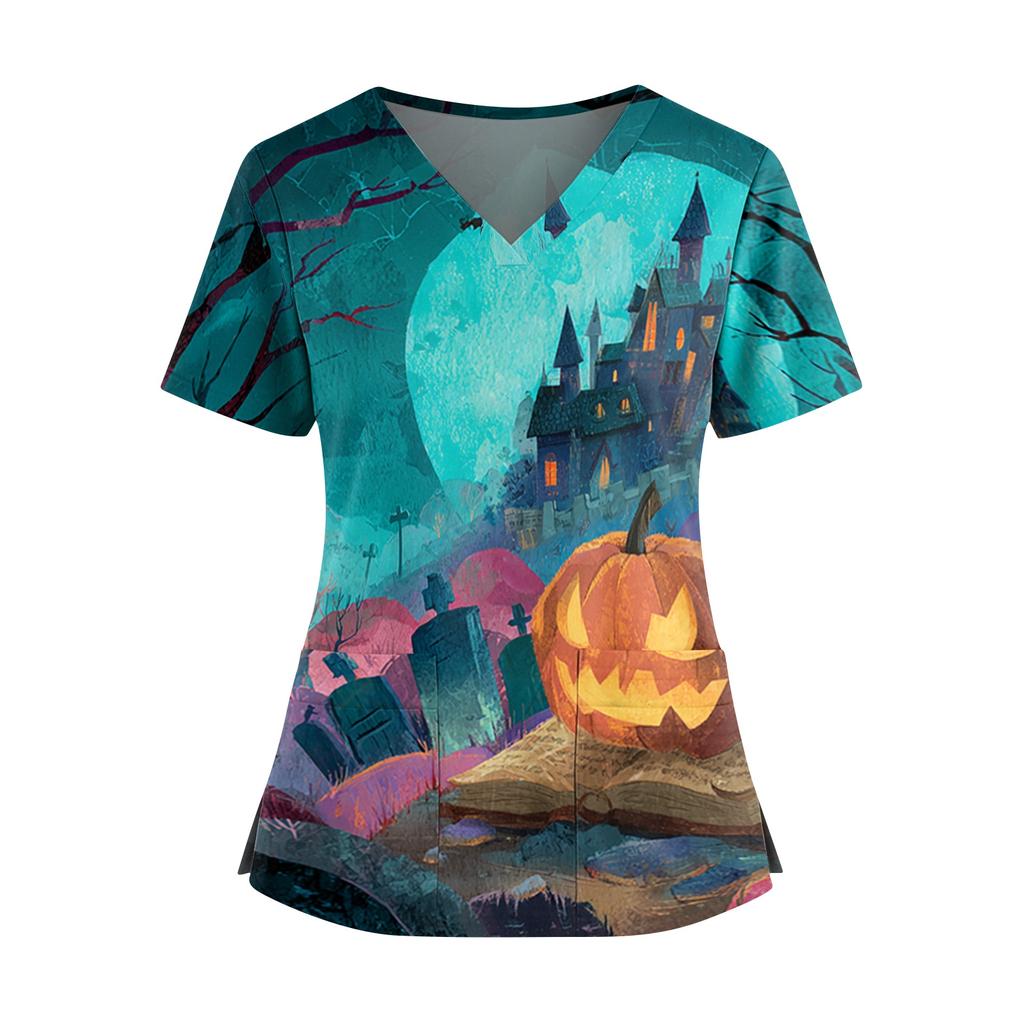 Halloween Print V Neck Short Sleeve Nurse Top with Double Pockets Split Hem Medical Scrub Shirt for Healthcare Workers and Caregivers